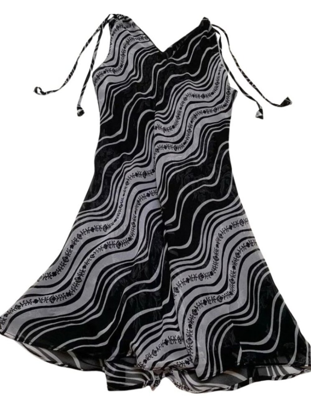 Vintage Reversible Black & White Striped/Floral Chiffon Bias Cut Mini Dress